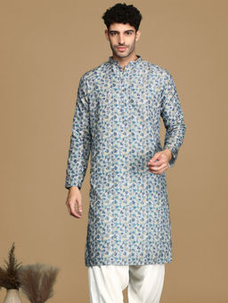 Sanwara - Dapper & Dazzling Men's Printed Sky Blue Golden Zari Touch Up Trendy Wear Kurta