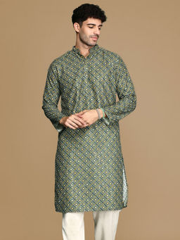 Sanwara - Unleash Your Style With Men's Green Printed With Sequins Touch Up Fusion Wear Kurta