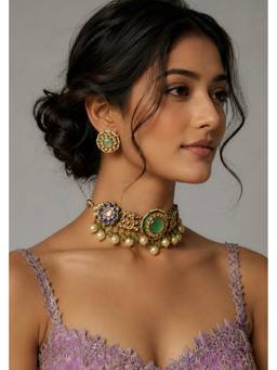 VIVINIA By Vidhi Mehra - Green Royal Navratna Jaipuri Kundan Floral Choker Set