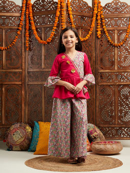 PSPeaches - Girls Floral Printed Kurti with Palazzo Grey (Set of 2)