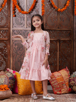 PSPeaches - Girls Ethnic Dress with Floral Printed Jacket Peach (Set of 2)