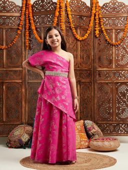 PSPeaches - Girls Printed Long Top with Skirt & Waist Belt Pink (Set of 3)