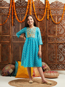 PSPeaches - Girls Printed Ethnic Dress Turquoise