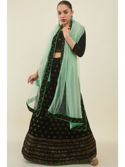 Soch - Women Black Velvet Unstiched Lehenga with Stone Embellishments (Set of 3)