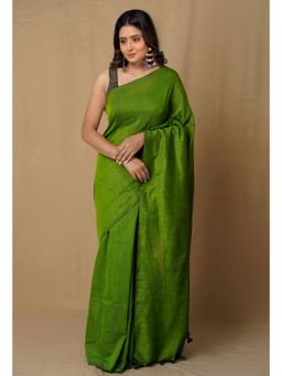 Unnati Silks - Green Pure Cotton Linen Saree with Unstitched Blouse