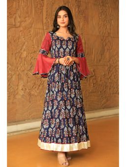 Indian Virasat - Deep Navy Blue & Cheri Floral Print Anarkali Ethnic Dress