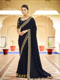 Odette - Festive Designer Navy Blue Saree with Unstitched Blouse