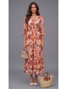 Twenty Dresses by Nykaa Fashion - Orange Smocked Abstract Print Midi Dress