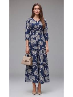 Twenty Dresses by Nykaa Fashion - Navy Blue Smocked Floral Print Midi Dress