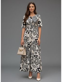 Twenty Dresses by Nykaa Fashion - White and Black Smocked Floral Print Maxi Dress