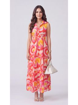 Twenty Dresses by Nykaa Fashion - Pink & Orange Abstract Printed Sleeveless Tiered Maxi Dress