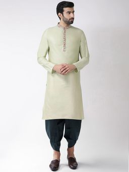 KISAH - Men Green Solid Cotton Blend Kurta Dhoti Set with Thread Work