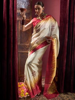 Sareemall - Womens Silk Blend Off White Printed Durga Puja Saree with Unstitched Blouse