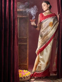 Sareemall - Womens Silk Blend Off White Printed Durga Puja Saree with Unstitched Blouse