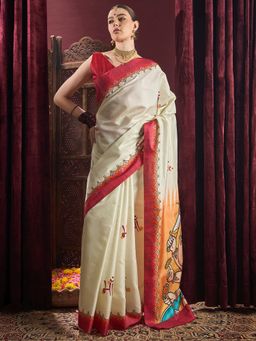 Sareemall - Womens Silk Blend Off White Printed Durga Puja Saree with Unstitched Blouse