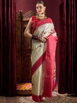 Sareemall - Womens Silk Blend Off White Printed Durga Puja Saree with Unstitched Blouse