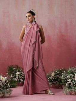 Swtantra - Dusty Mauve Crepe Saree with Lace and Embroidered Unstitched Blouse