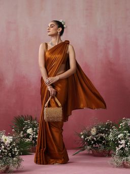 Swtantra - Rust Magma Satin Saree with Lace and Embroidered Unstitched Blouse