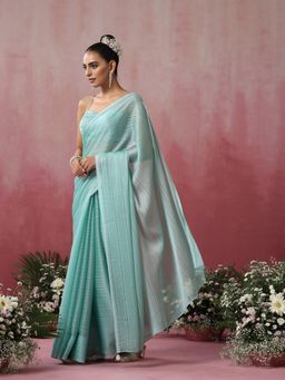 Swtantra - Baby Blue Striped Chiffon Saree with Pendants and Unstitched Blouse