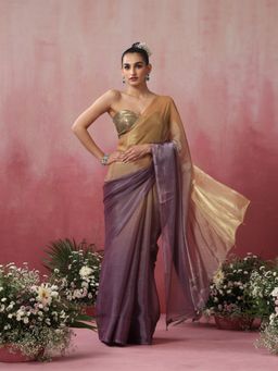 Swtantra - Magnet Gold and Purple Ombre Organza Saree without Blouse