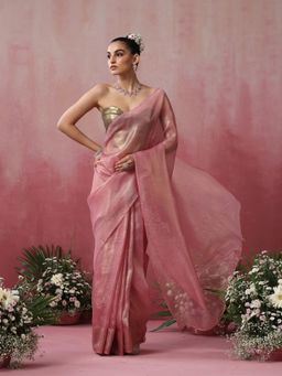 Swtantra - Pink Goldy Crushed Organza Saree with Pendants without Blouse