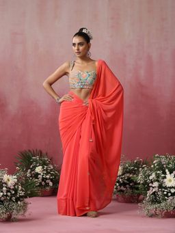 Swtantra - Hunny Bunny Coral Chiffon Saree without Blouse