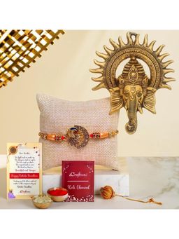 eCraftIndia - Peacock Rakhi for Brother, Lord Ganesha Face Wall Hanging, Roli Chawal