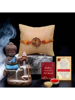 eCraftIndia - Peacock Designer Rakhi for Brother, Incense Holder, Roli Chawal Pack