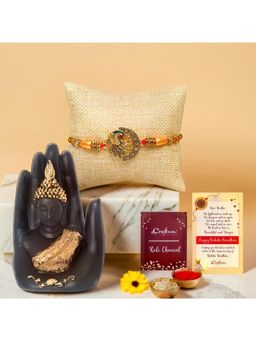eCraftIndia - Peacock Designer Rakhi for Brother, Palm Buddha Statue, Roli Chawal Pack