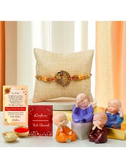eCraftIndia - Peacock Designer Rakhi for Brother, Monk Buddha Statues, Roli Chawal