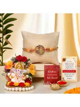 eCraftIndia - Designer Peacock Rakhi for Brother, Lord Ganesha Idol On Decorative Plate