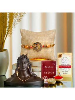 eCraftIndia - Peacock Designer Rakhi for Brother, Adiyogi Shiva Idol, Roli Chawal Pack