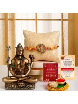 eCraftIndia - Peacock Rakhi for Brother, Meditating Lord Shiva Statue, Roli Chawal Pack