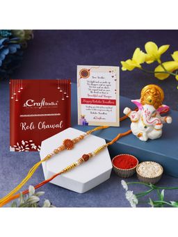 eCraftIndia - Pack Of 2 Om & Rudraksha Rakhis, Lord Ganesha Idol, Roli Chawal, Card