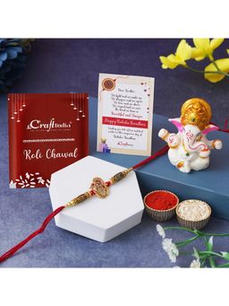 eCraftIndia - Golden Beads, Om Symbol Religious Designer Rakhi, Lord Ganesha Idol