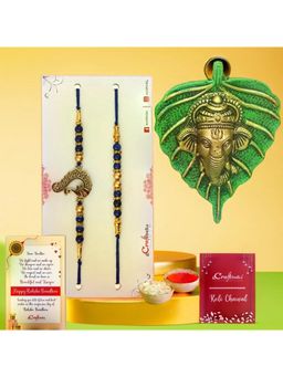 eCraftIndia - Pack Of 2 Blue Golden Pearl Peacock Designer Rakhis, Ganesha Wall Hanging,