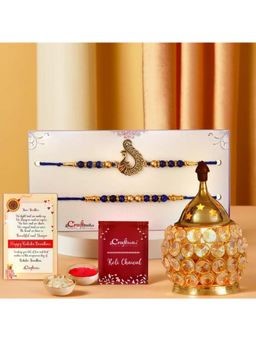 eCraftIndia - Pack Of 2 Blue Golden Pearls and Peacock Designer Rakhis with Crystal Diya