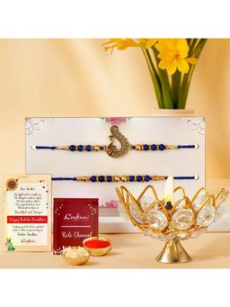 eCraftIndia - Pack Of 2 Pearl Peacock Designer Rakhis, Lotus Crystal Brass Diya