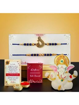 eCraftIndia - Pack Of 2 Pearls Peacock Designer Rakhis, Ganesha Idol, Roli Chawal Card