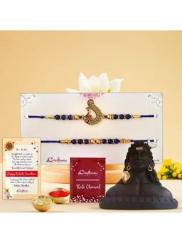 eCraftIndia - Pack Of 2 Pearl Peacock Designer Rakhis for Brothers, Adiyogi Shiva Statue