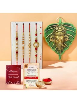 eCraftIndia - Pack Of 4 Pearls Rakhis for Brothers, Ganesha Face On Leaf Wall Hanging