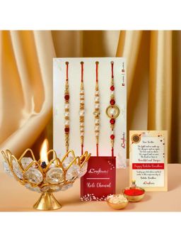 eCraftIndia - Pack Of 4 Pearl Rakhis for Brothers, Lotus Crystal Brass Diya