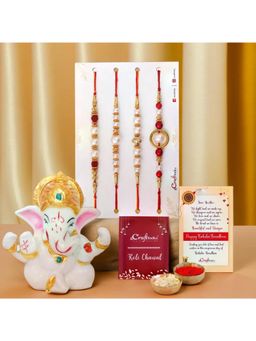 eCraftIndia - Pack Of 4 Pearls Rakhis for Brothers, Lord Ganesha Idol