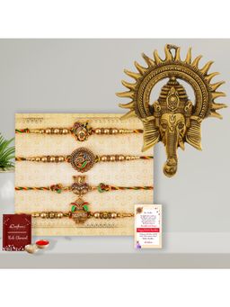 eCraftIndia - Pack Of 4 Shrinathji, Peacock, Ganesha, Kalash Rakhi, Ganesha Wall Hanging