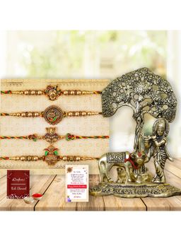 eCraftIndia - Pack Of 4 Shrinathji Peacock Ganesha Kalash Designer Rakhis, Krishna Idol