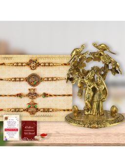 eCraftIndia - Pack Of 4 Shrinathji, Peacock, Ganesha, Kalash Rakhis, Radha Krishna Idol