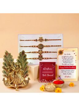 eCraftIndia - Pack Of 4 Shrinathji, Peacock, Ganesha, Kalash Rakhis, Radha Krishna Idol