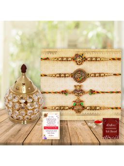eCraftIndia - Pack Of 4 Shrinathji, Peacock, Ganesha, Kalash Rakhis, Crystal Brass Diya
