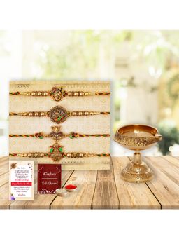 eCraftIndia - Pack Of 4 Shrinathji, Peacock, Ganesha, Kalash Designer Rakhis, Brass Diya
