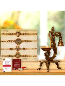 eCraftIndia - Pack Of 4 Shrinathji, Peacock, Ganesha, Kalash Designer Rakhis, Brass Diya
